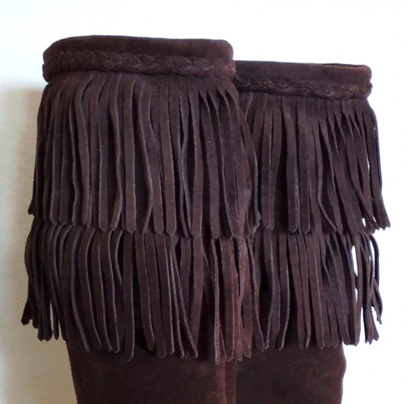 Vintage Gianni Bini Boots Dark Brown Suede Leather Fringe 9M Low Brazil - Picture 10 of 16